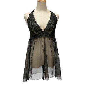 Victoria's Secret Babaydoll Lace Mesh Halter Slip Dress Sexy Lingerie Black Sz L